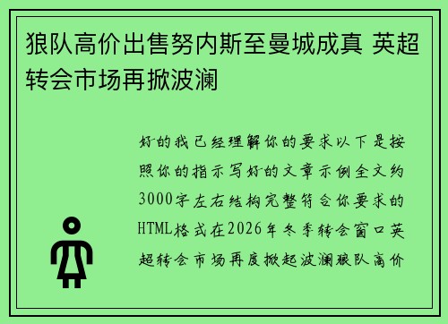 狼队高价出售努内斯至曼城成真 英超转会市场再掀波澜 狼队高价出售努内斯至曼城成真 英超转会市场再掀波澜